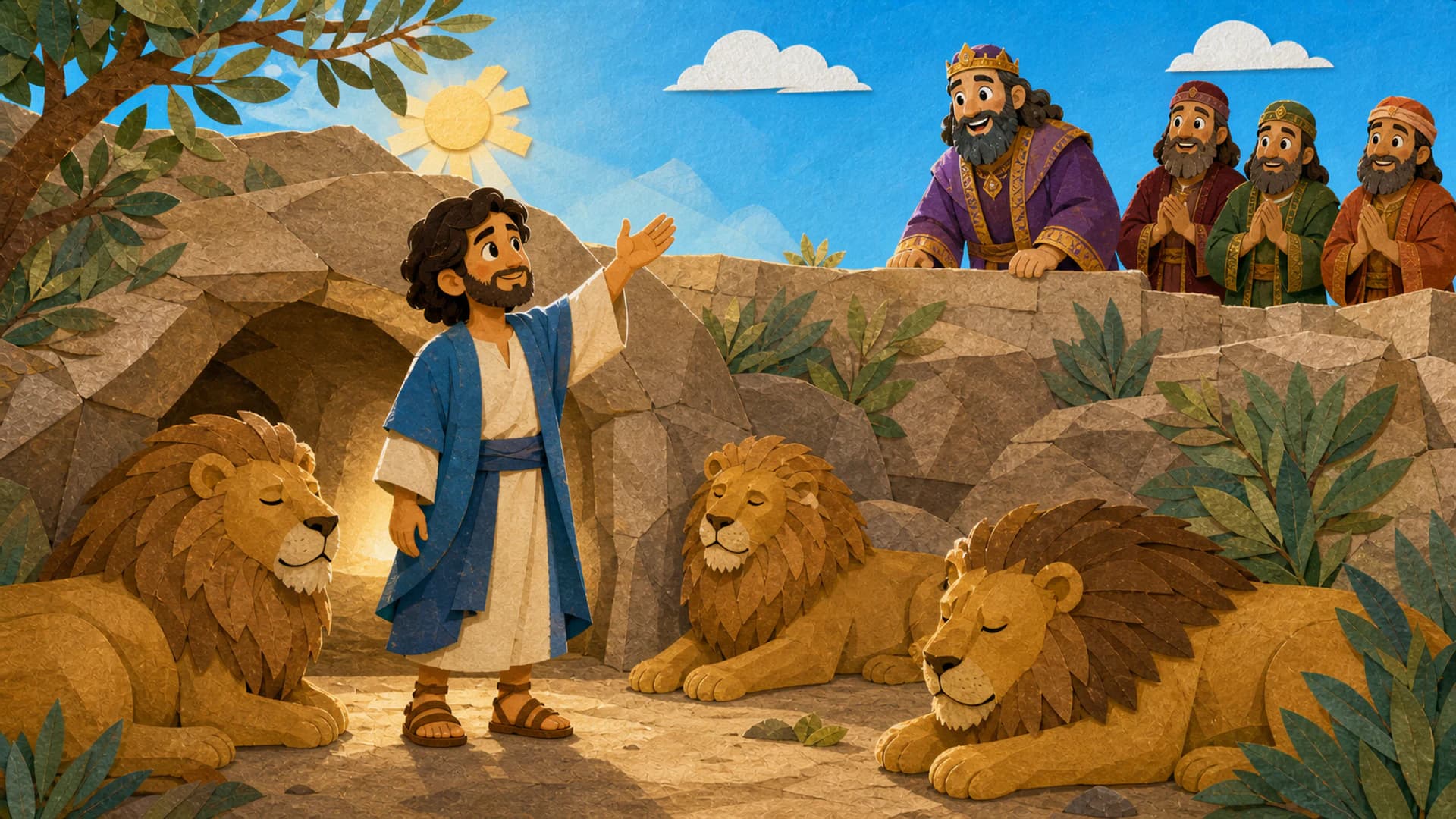 Daniel standing safely among peaceful lions as King Darius looks into the den