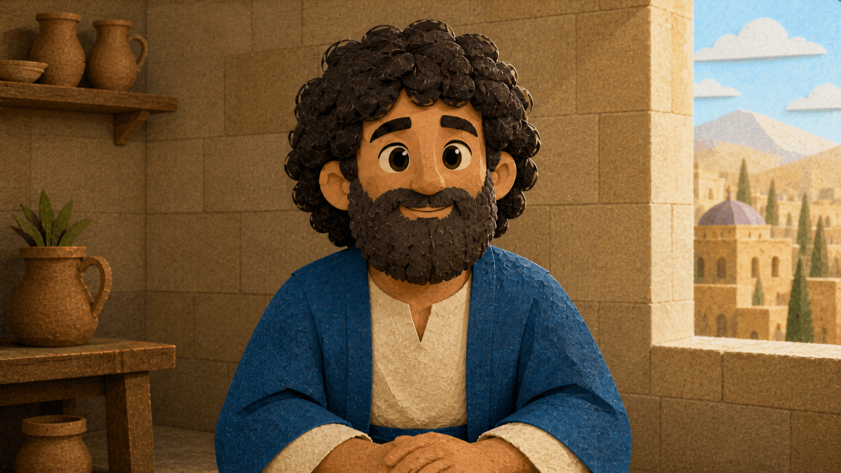 Daniel with a full beard in his room, ready to talk about his Bible story