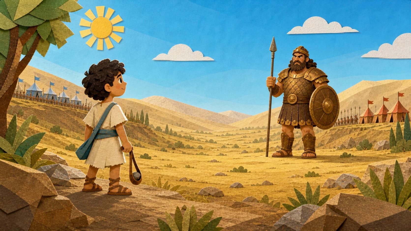 Young David facing the tall warrior Goliath across a sunlit valley