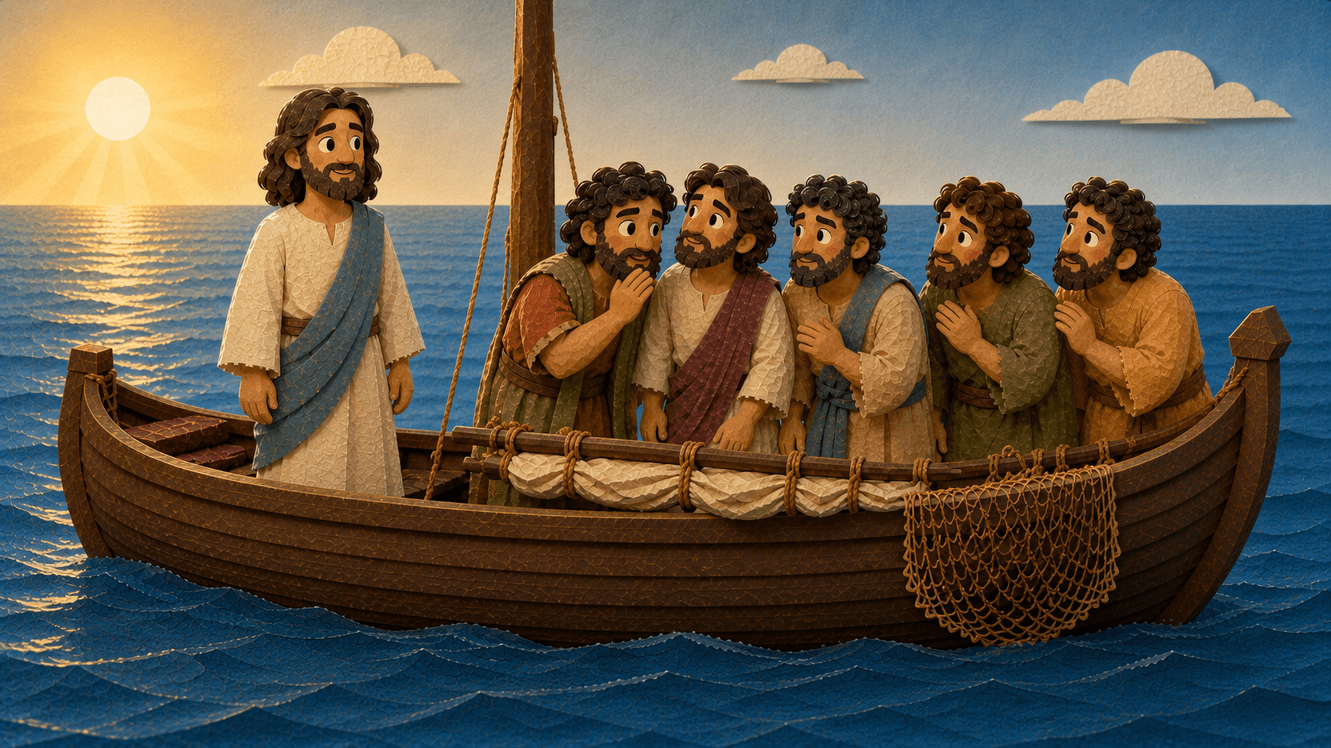 Jesus and His disciples together in a fishing boat on the calm Sea of Galilee