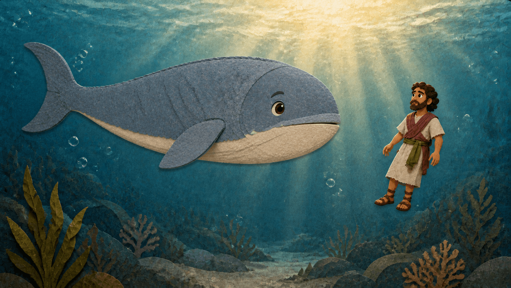 Jonah meeting the enormous gentle great fish beneath the sea