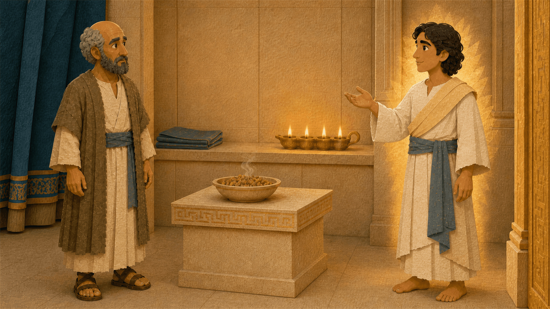 Gabriel bringing God’s promise to Zechariah beside the temple altar