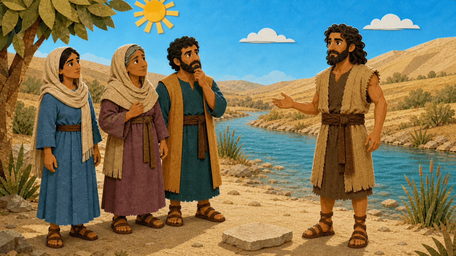 John the Baptist speaking with attentive people beside the Jordan River