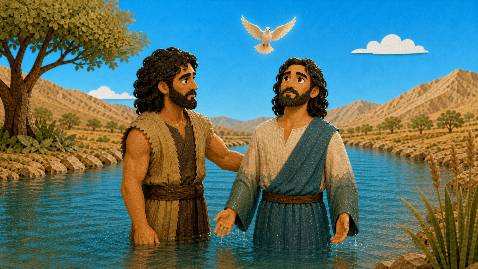 Jesus praying beside John at the Jordan as the Holy Spirit descends like a dove