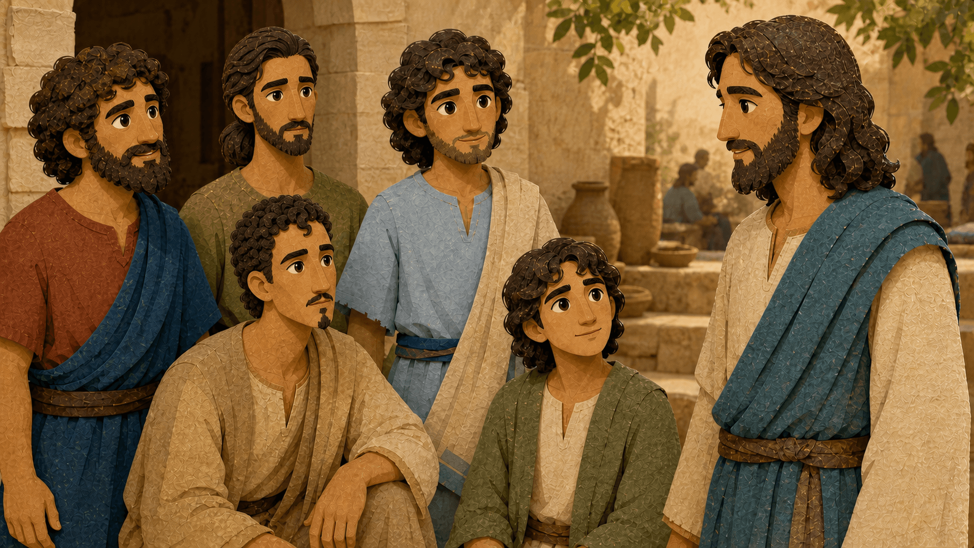 Jesus speaking warmly with five new followers beside a stone house