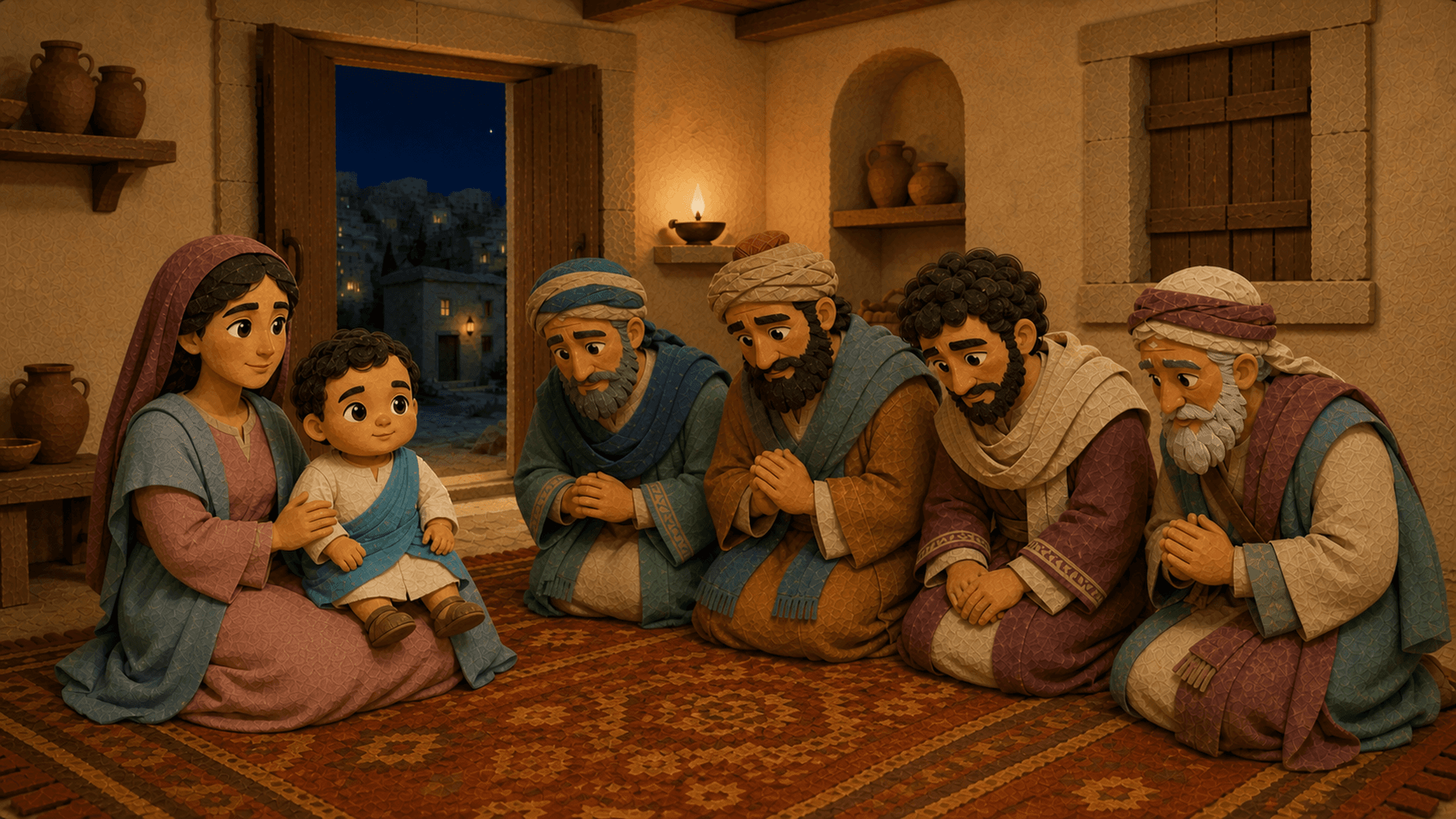 Mary supporting young Jesus while four crownless Magi kneel in worship inside a Bethlehem house