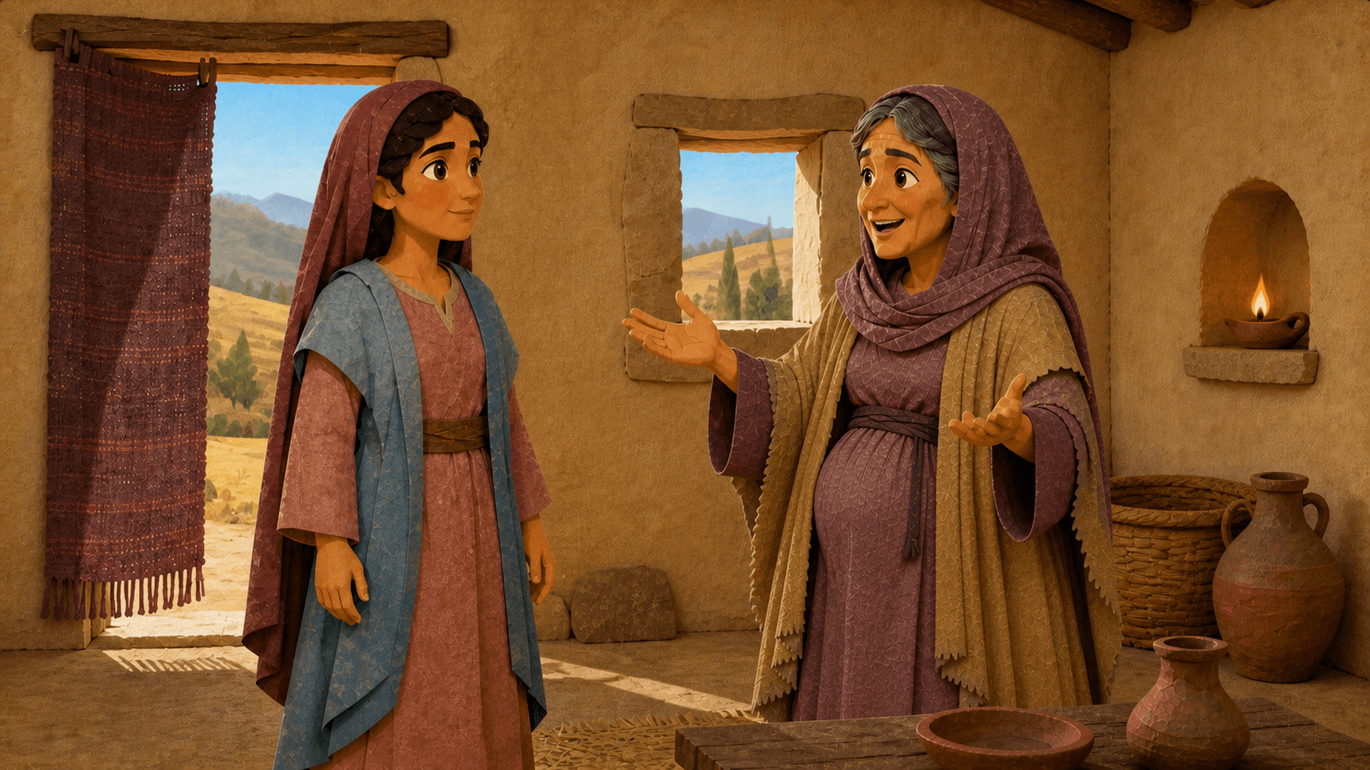 Elizabeth joyfully blessing Mary inside the Judean hill home