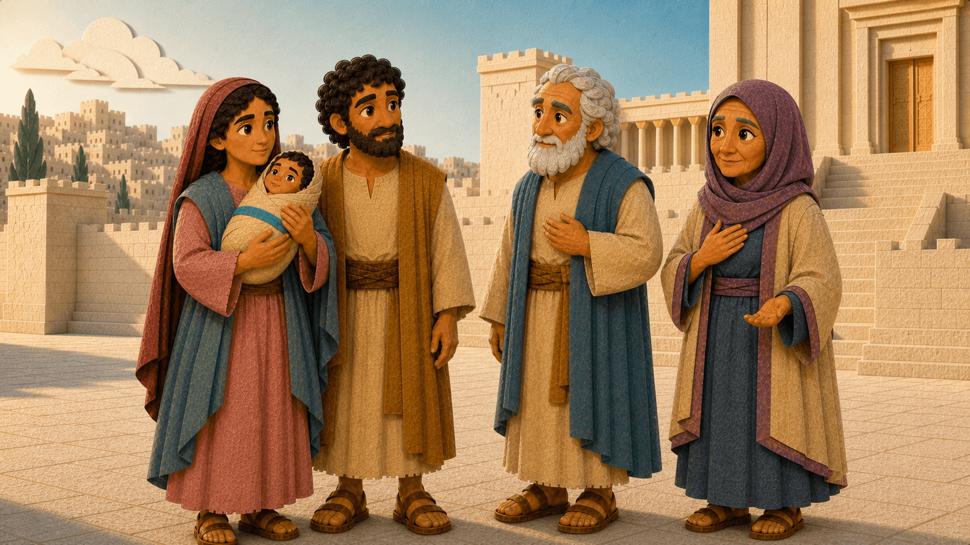 Simeon holding baby Jesus in the Jerusalem Temple while Mary and Joseph stand beside him
