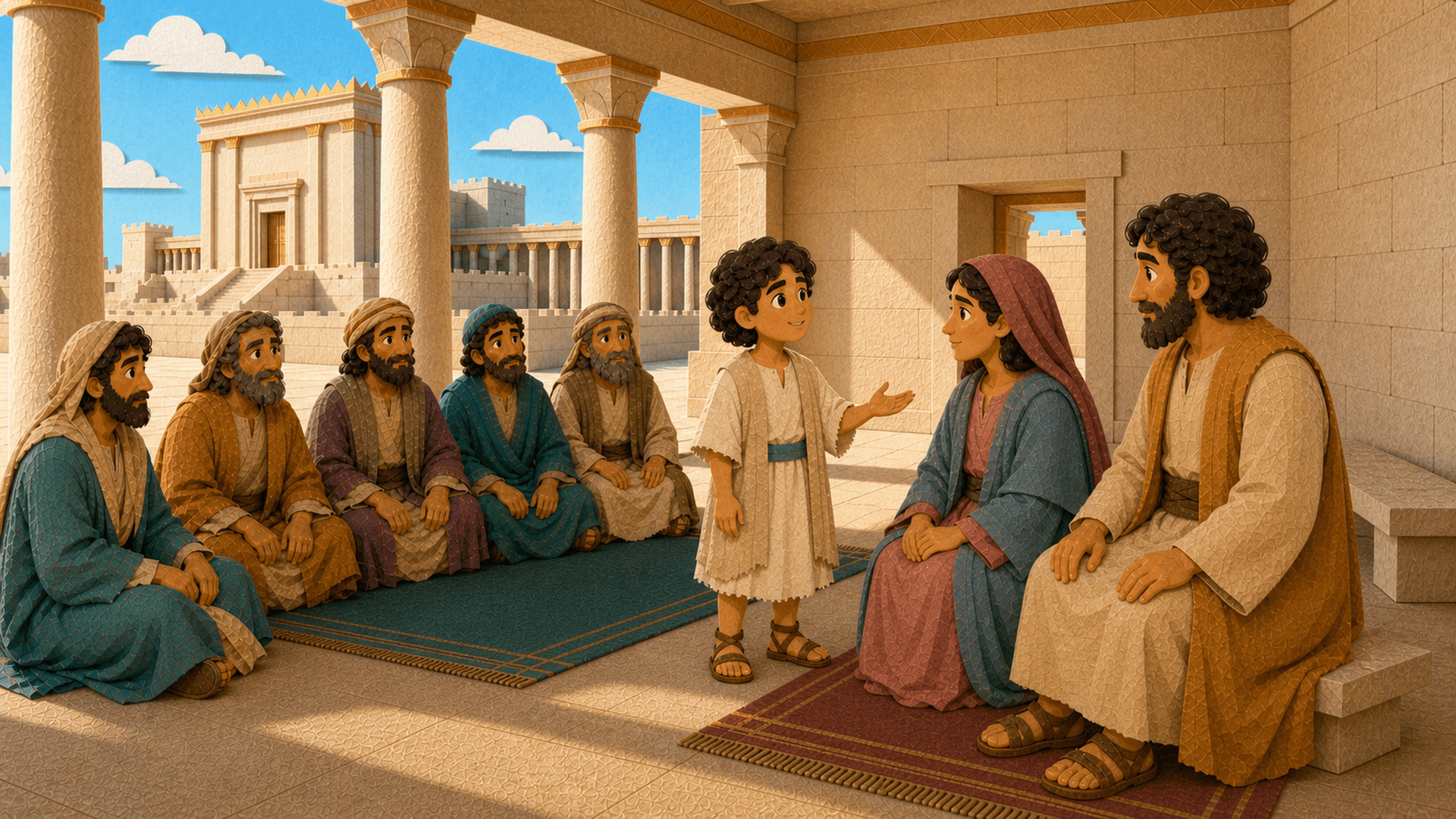 Twelve-year-old Jesus speaking with Mary and Joseph in the Temple while five teachers sit nearby