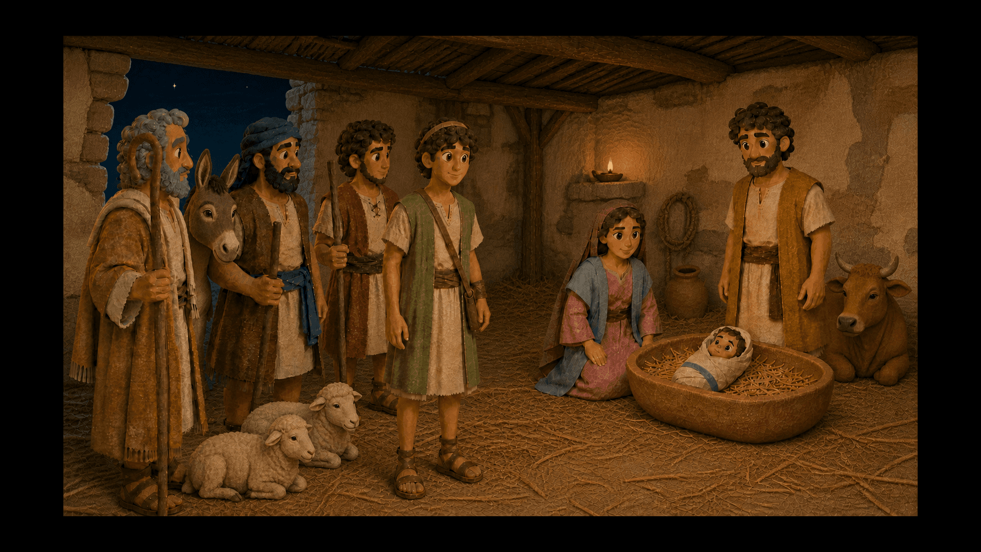 Mary and Joseph beside newborn Jesus in one clay manger while four shepherds and calm animals gather in a Bethlehem livestock shelter