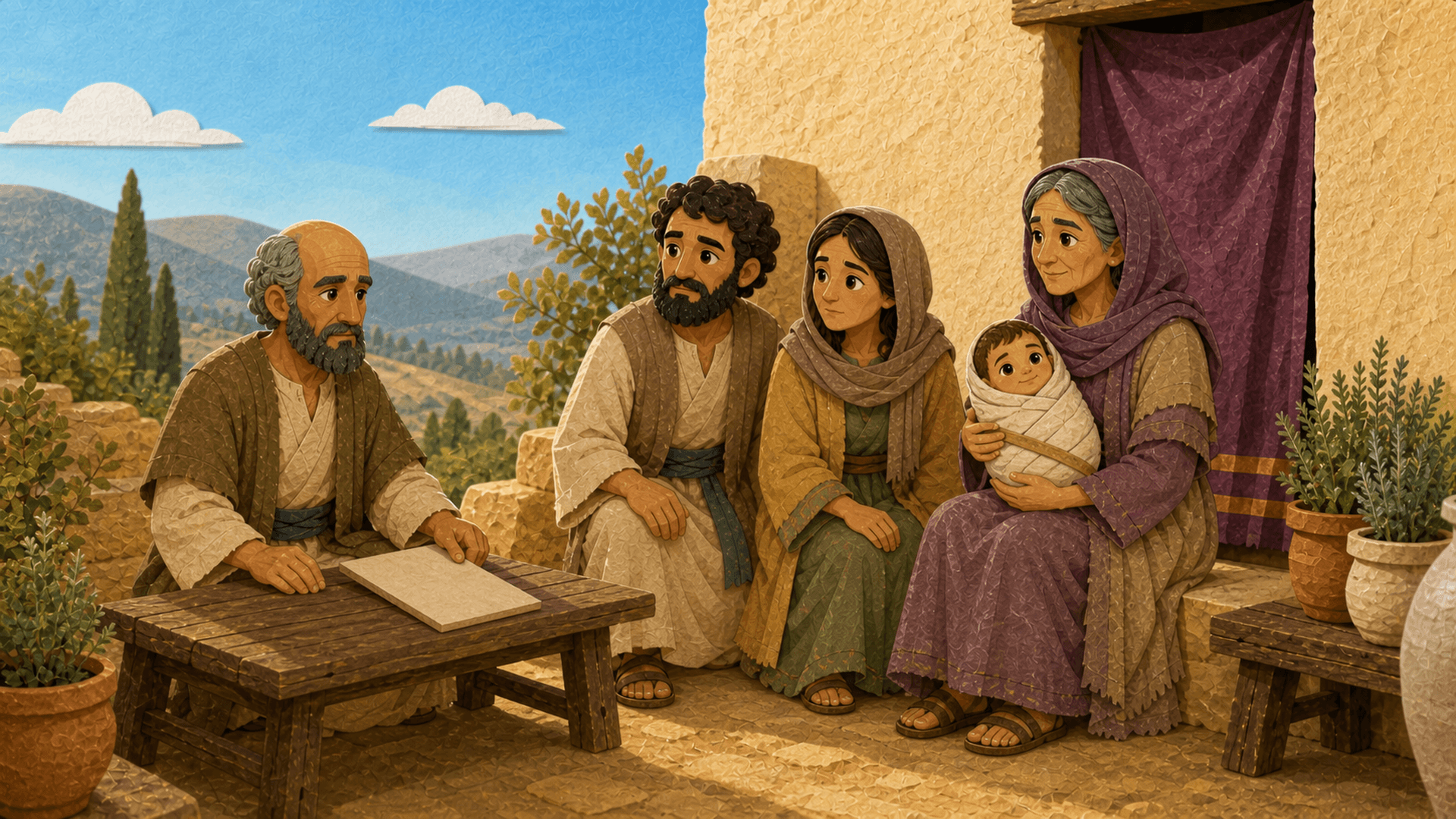 Elizabeth, Zechariah, and their neighbors gathered to name baby John in the Judean hills